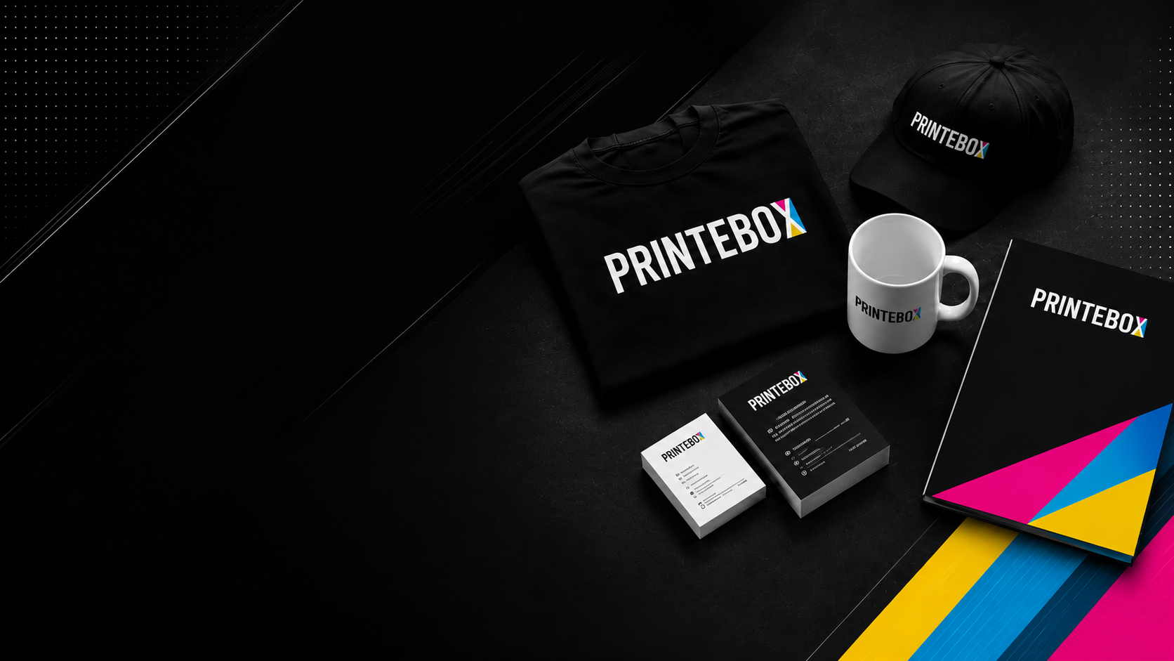 Produkty reklamowe PRINTEBOX: koszulka, czapka, kubek, wizytówki i folder